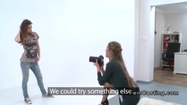 Sexy female agent shoots petite model